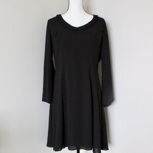 Black Long Bell Sleeve Ruffled Neckline Fit & Flare Dress